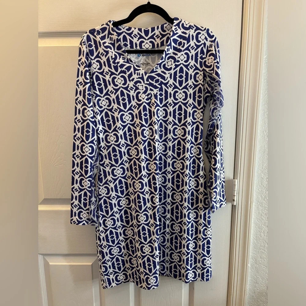IBKUL Luck-Key V Neck Dress S Navy/ White Long Sleeve Golf